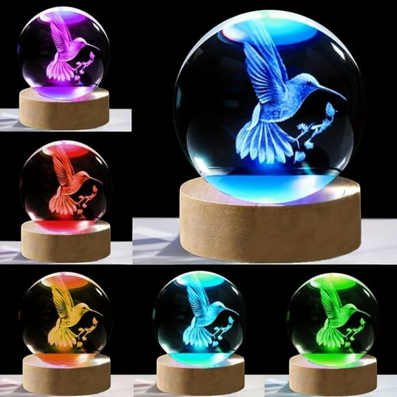 3D Crystal Ball Night Light Hummingbird Color Change LED 6cm NWT Modern Decor - Picture 1 of 7